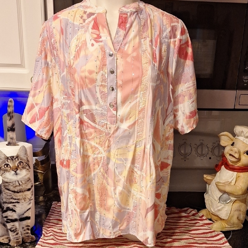 f Coral Bay  Casual Button Down Shirt Stretch Plus Size Top 2x.  EUC